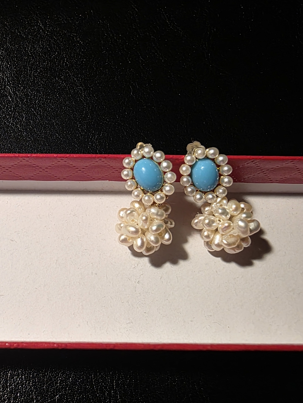 Pearl Cluster Drop Earrings with Turquoise Center